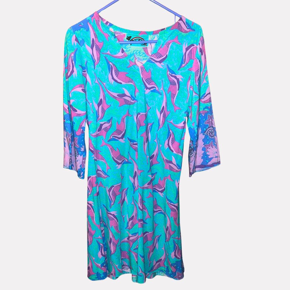 Vintage Rainbow Jo Hawaii Tunic Dress Large Blue Purple Dolphin Silk Screen
